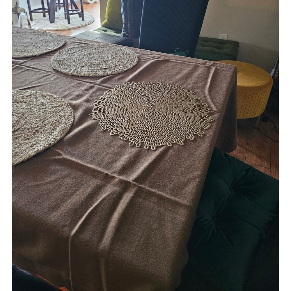 Vintage VERA Brown Linen Blend Hemstitch Oval Tablecloth Curved Hem 58x120